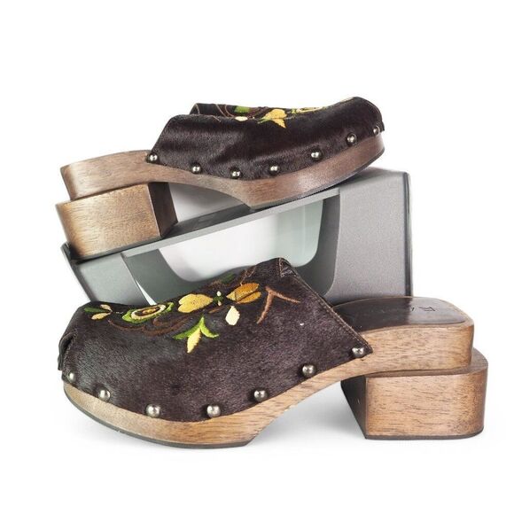 Rampage Keith Vintage Y2K Pony Hair Floral Print Wooden Sole Clogs Women's 5.5 - Picture 1 of 10